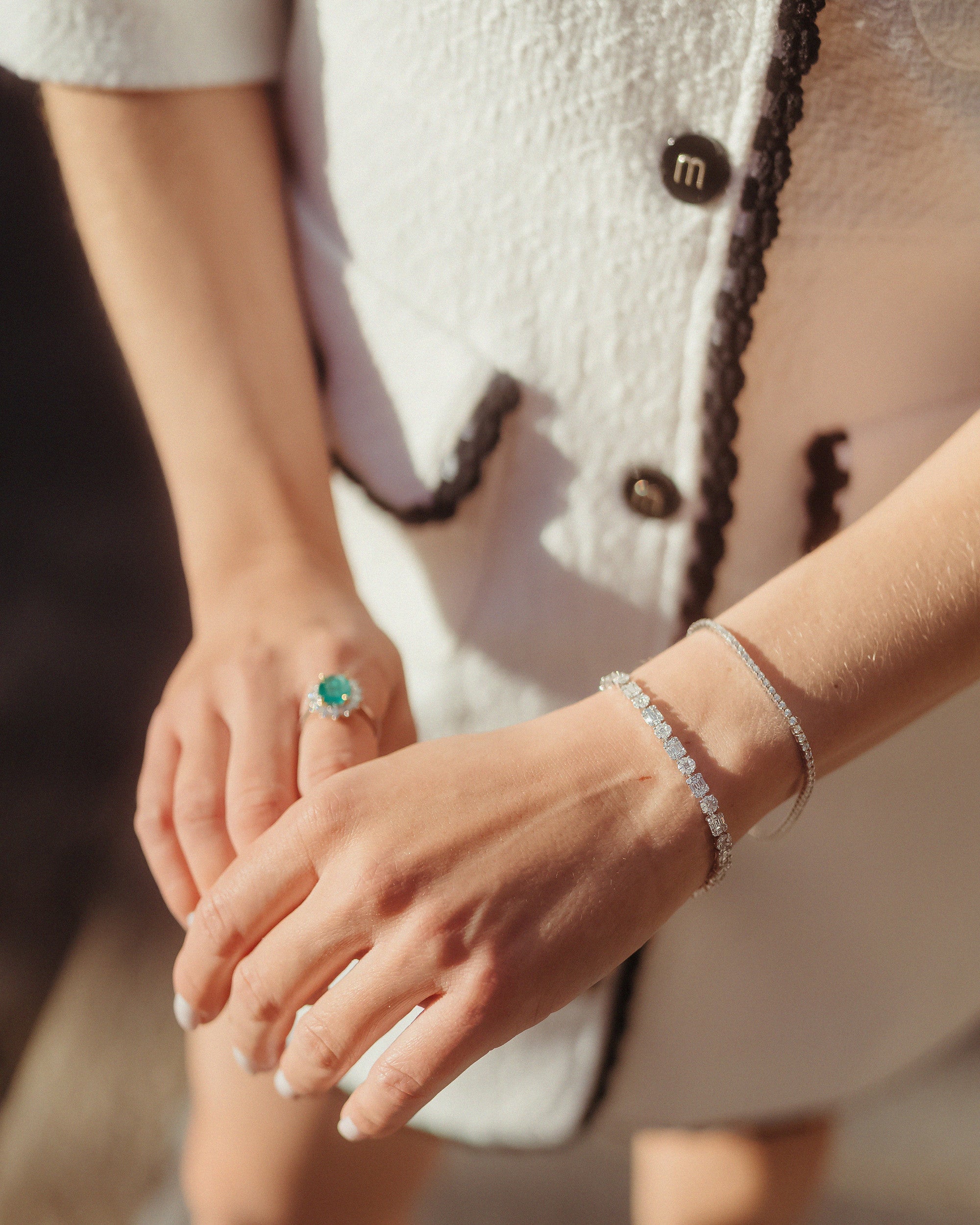 Moregola Model with paraiba ring and tennis bracelets