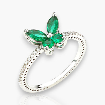 Butterfly Ring With White Gold, Diamonds And Emerald - Moregola Fine Jewelry