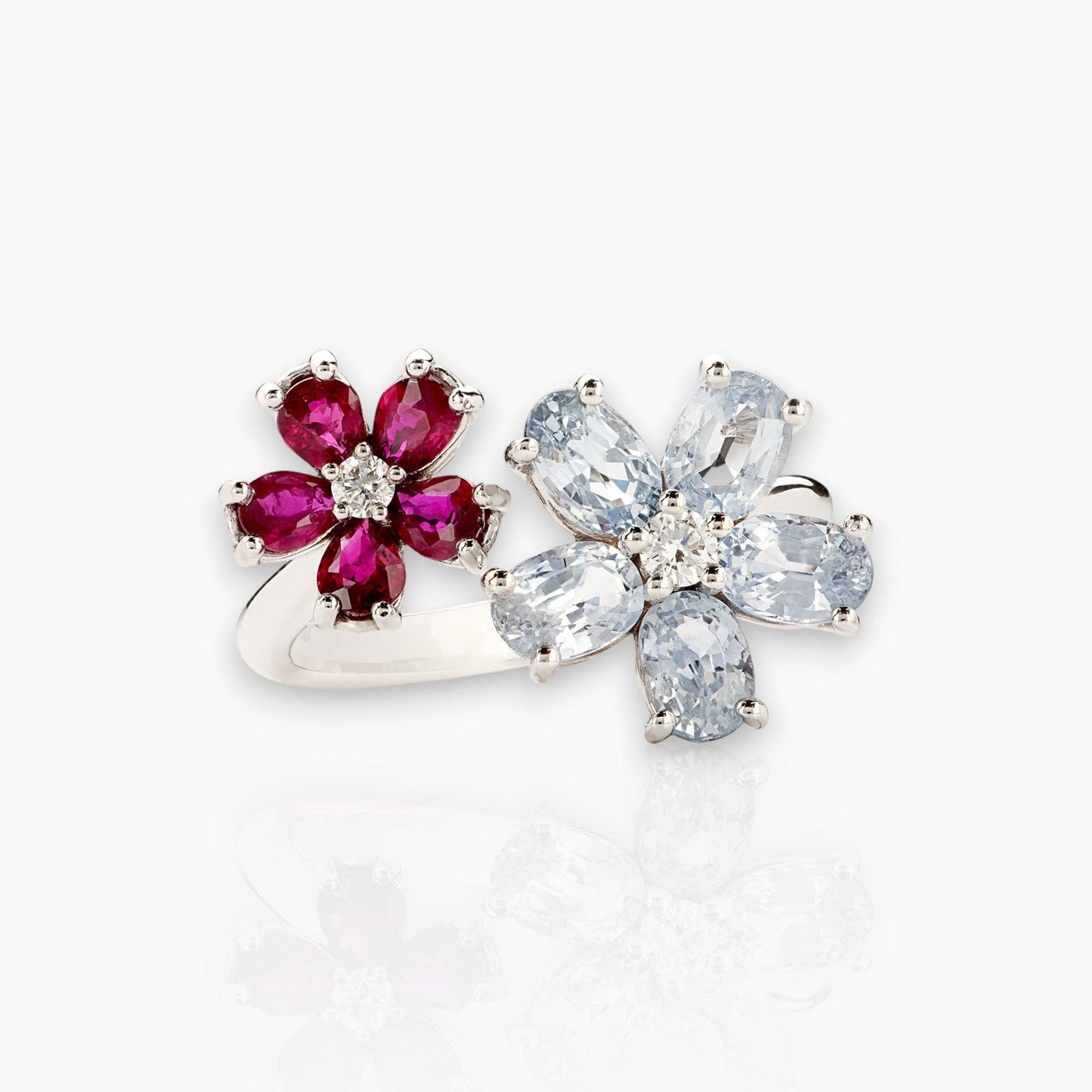 Ring Two Flowers, White Gold, Rubies And Diamonds - Moregola Fine Jewelry