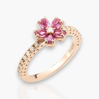Ring "Cherry Blossom", Rose Gold, Pink Sapphire and Diamonds - Moregola Fine Jewelry