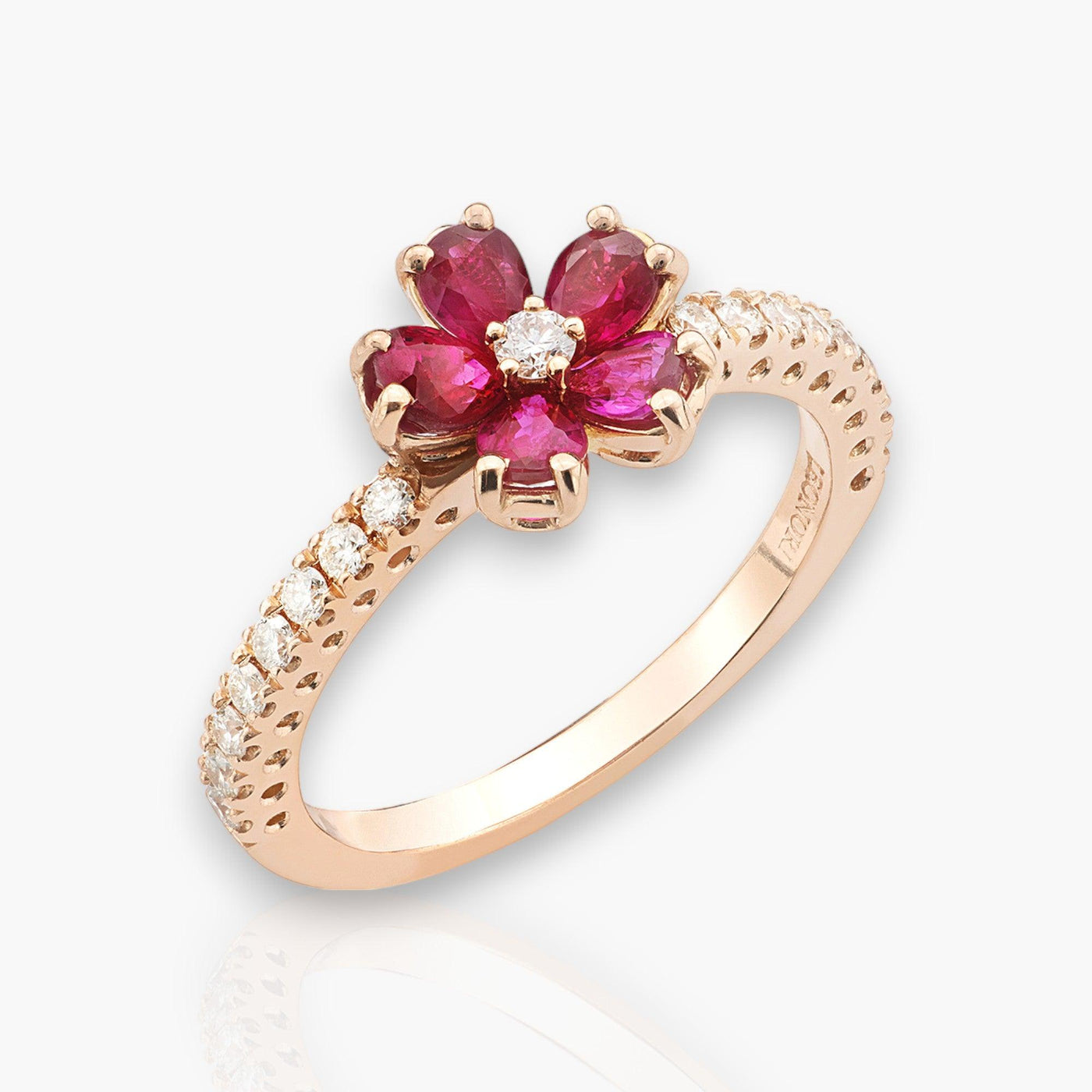Ring "Cherry Blossom", Rose Gold, Diamonds And Rubies - Moregola Fine Jewelry