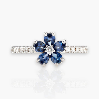 Ring "Cherry Blossom", White Gold, Blue Sapphire and Diamonds - Moregola Fine Jewelry