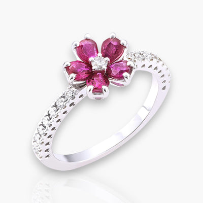 Ring "Cherry Blossom", White Gold, Diamonds And Rubies - Moregola Fine Jewelry