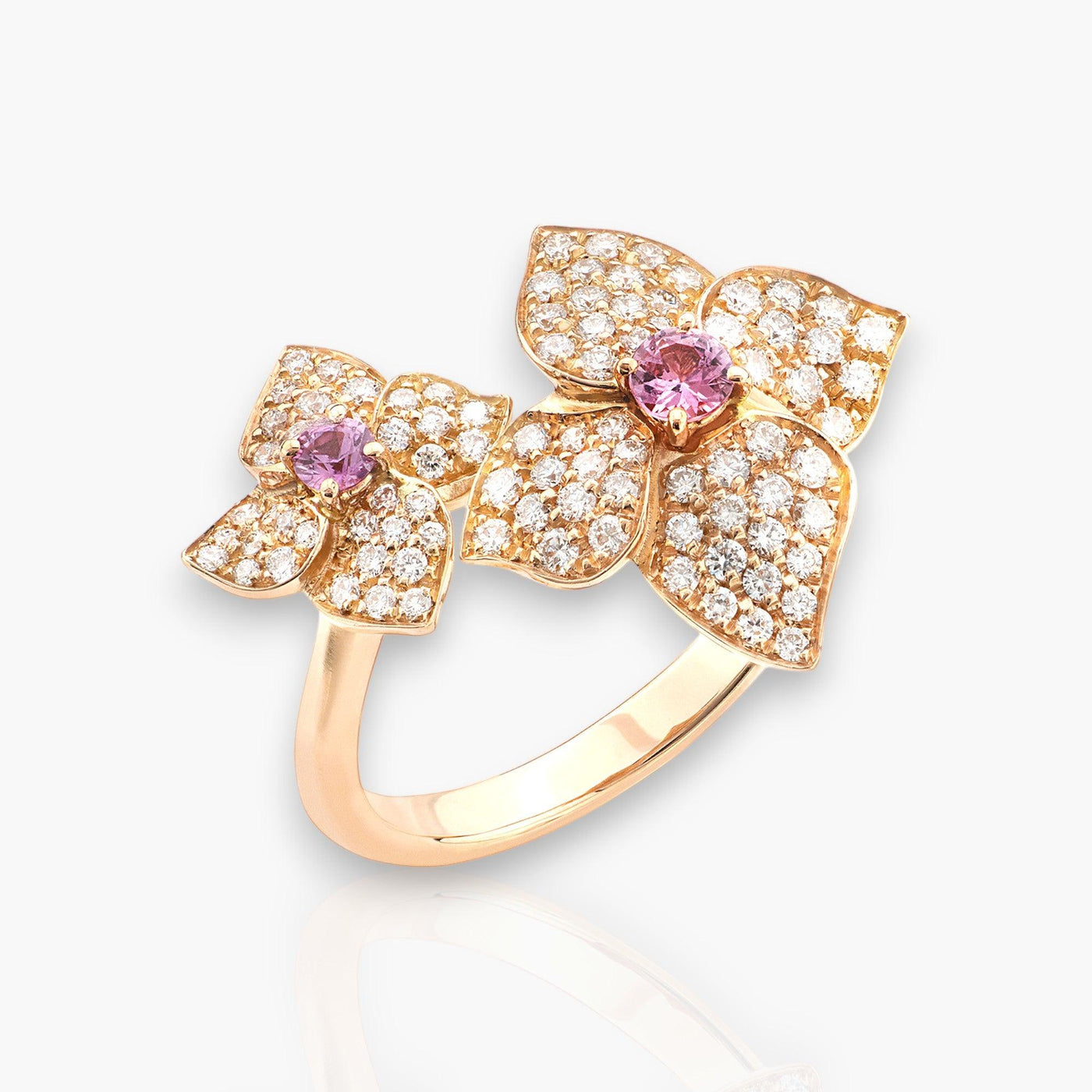 Ortensia Ring Double Flower, Rose Gold, Diamonds And Pink Sapphire - Moregola Fine Jewelry