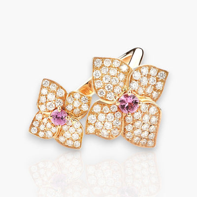 Ortensia Ring Double Flower, Rose Gold, Diamonds And Pink Sapphire - Moregola Fine Jewelry