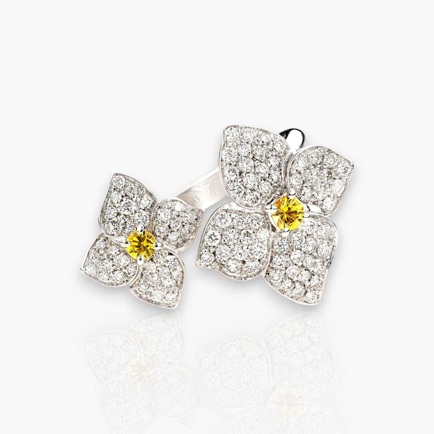 Ortensia Ring Double Flower, White Gold, Diamonds And Yellow Sapphire - Moregola Fine Jewelry