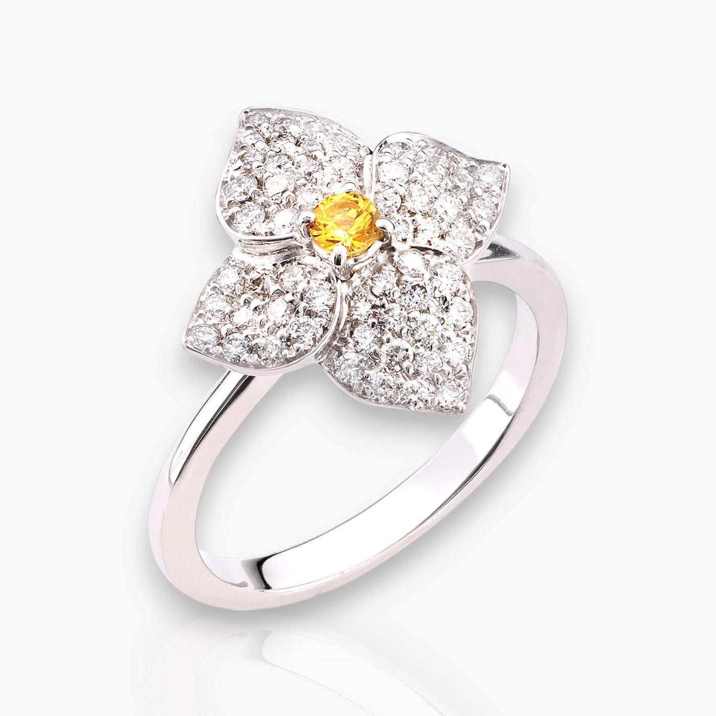 Ortensia Ring, White Gold, Diamonds And Yellow Sapphire - Moregola Fine Jewelry