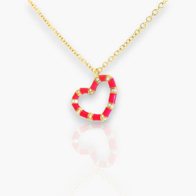 18K Yellow Gold necklace with red enamel and diamond heart pendant - Moregola Fine Jewelry