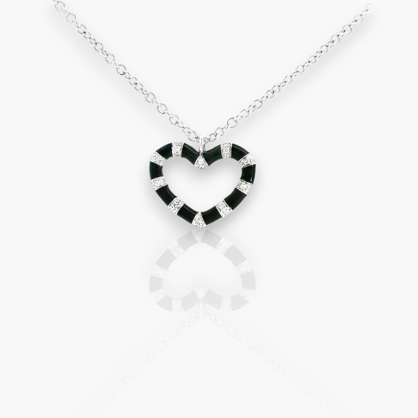 18K White Gold Necklace with a Black Enamel diamond heart - Moregola Fine Jewelry