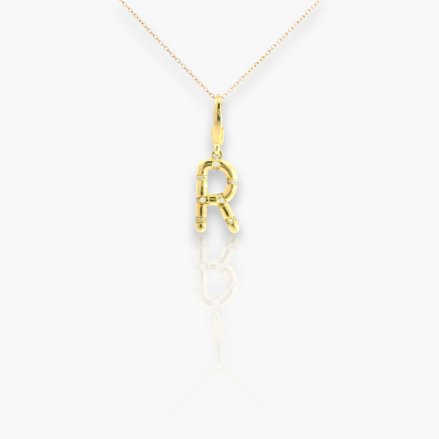 18K Yellow Gold Pendant with Diamonds - Small letter R - Moregola Fine Jewelry