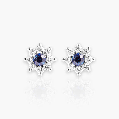 Earrings, White Gold, 18 Diamonds and 2 Blue Sapphires (Flower) - Moregola Fine Jewelry