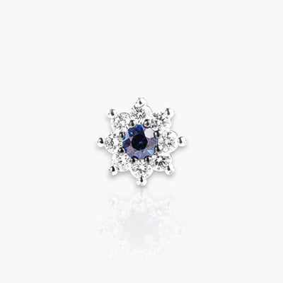 Earrings, White Gold, 18 Diamonds and 2 Blue Sapphires (Flower) - Moregola Fine Jewelry