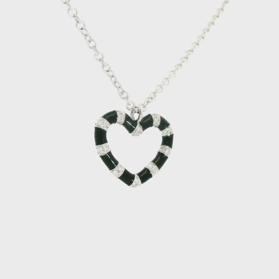 18K White Gold Necklace with a Black Enamel diamond heart