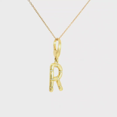 18K Yellow Gold Pendant with Diamonds - Small letter R