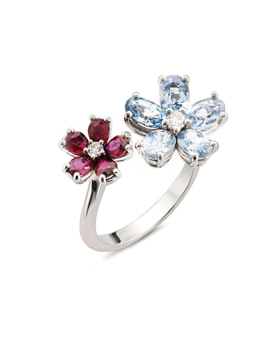 Ring Two Flowers, White Gold, Rubies And Diamonds - Moregola Fine Jewelry