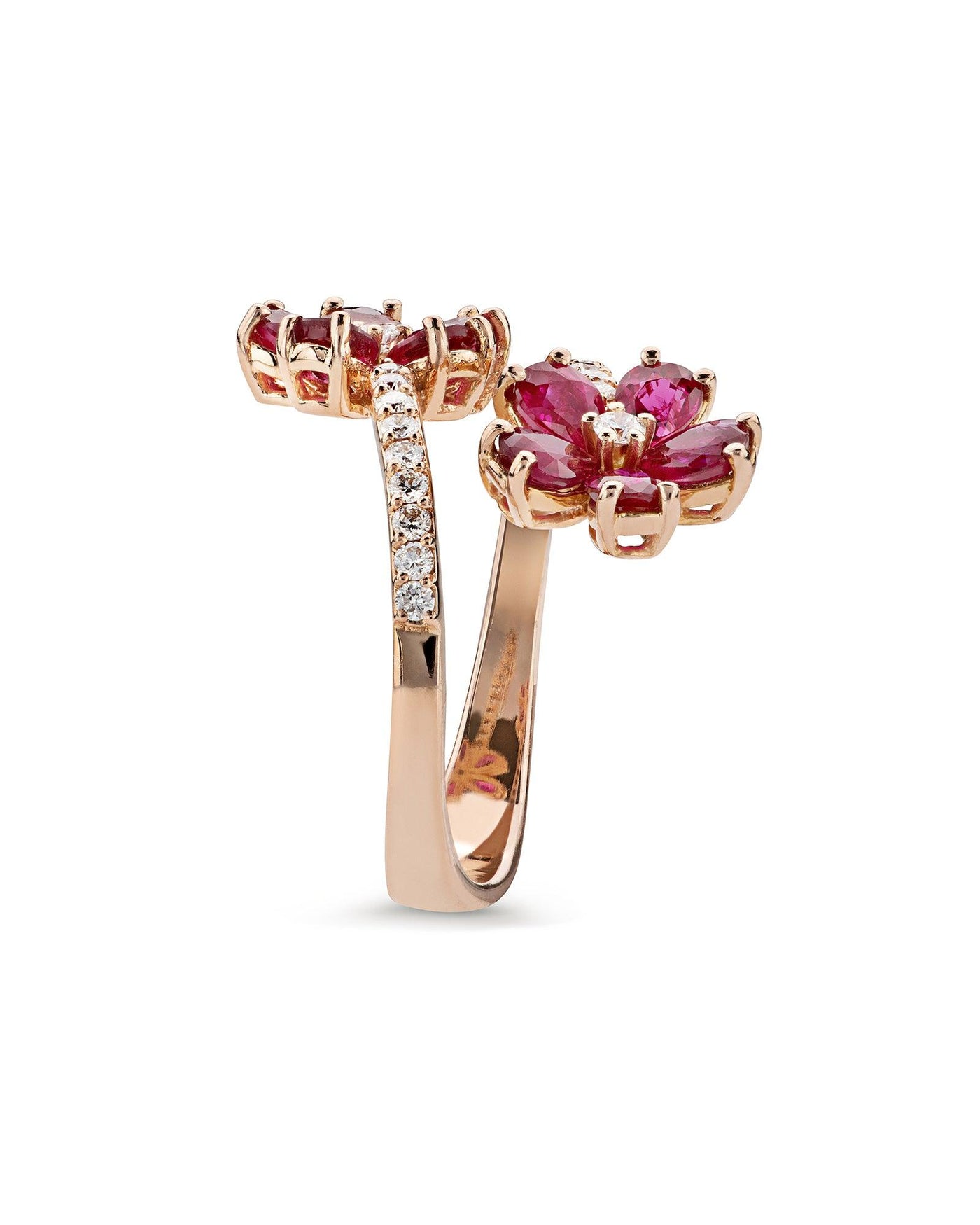 Ring Two Flowers, Rose Gold, Rubies And Diamonds - Moregola Fine Jewelry